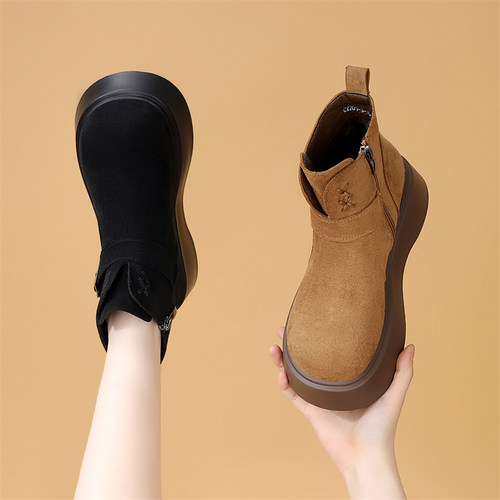 磨砂皮松糕厚底马丁靴女2025新款秋冬英伦风显脚小勃肯短靴小码34