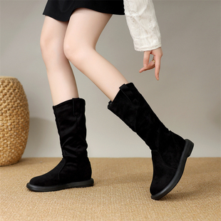 小个子不过膝中筒靴女2025秋冬新款磨砂平底雪地靴保暖马丁靴单靴