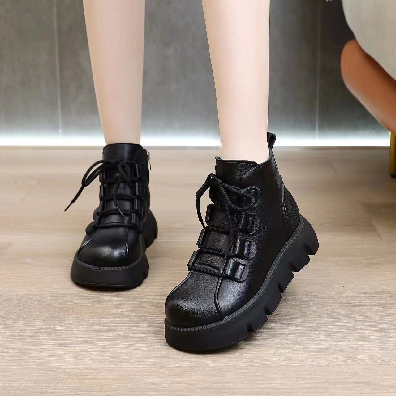 复古马丁靴女小个子短靴单靴厚底