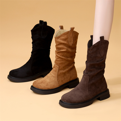 平底中筒马丁靴女2025秋冬新款加绒休闲厚底防滑保暖堆堆靴小码34