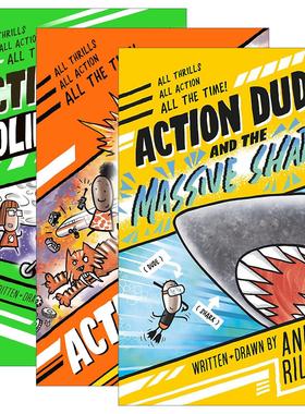 英文原版 Action Dude 功夫小子系列3册 儿童搞笑冒险动作漫画 大鲨鱼 月球上的假日 动作小子 英文版 进口英语原版书籍