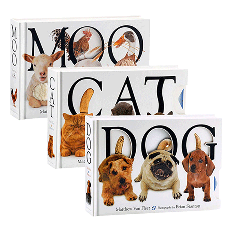 Moo Cat Dog 家畜猫狗纸板触摸操作书3册 英文原版童书 幼儿趣味启蒙认知立体书 宝宝动物认知 进口英语书籍 Simon Schuster 盒装