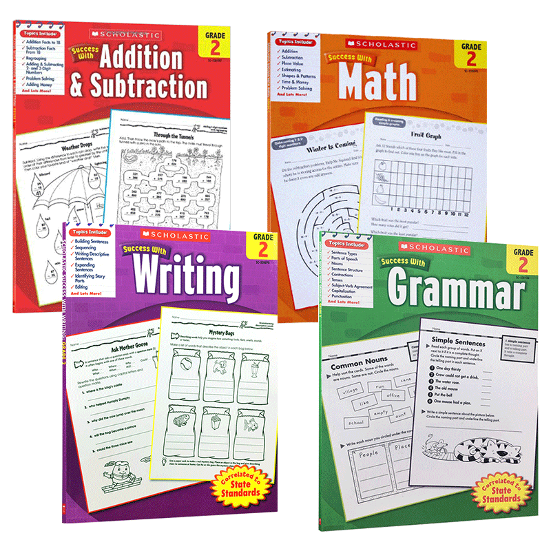 二年级学乐英语练习册4册 写作数学语法加减法Scholastic Success with Grammar/Writing/Math 儿童启蒙资料 进口原版英文书籍