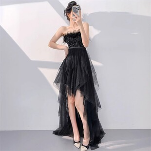 晚礼服裙小个子气质名媛宴会bulingbuling毛领抹胸网纱短款连衣裙