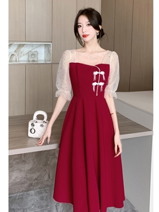敬酒服新娘秋款 酒红色小个子气质回门连衣裙订婚礼服裙女 结婚便装