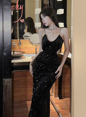 冬季礼服高端轻奢小众生日小礼裙聚会性感黑色亮片修身吊带晚礼服