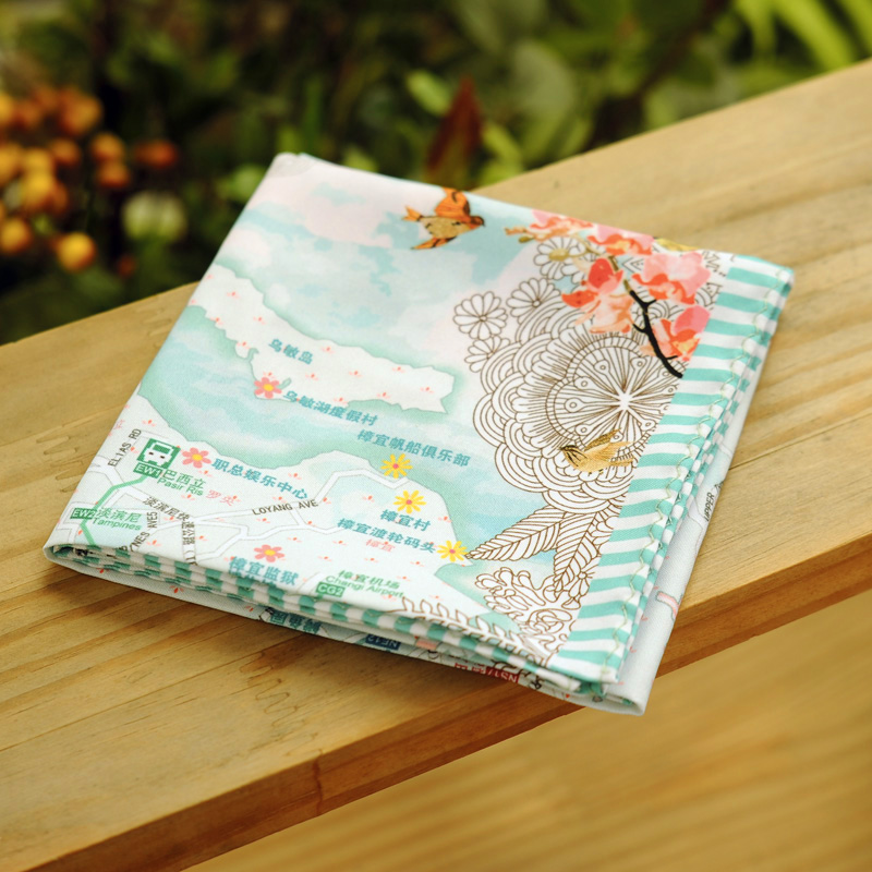 手绘地图桃皮绒小方巾