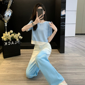 两件套时尚 休闲套装 渐变直筒牛仔裤 针织衫 减龄穿搭一整套 女夏短袖