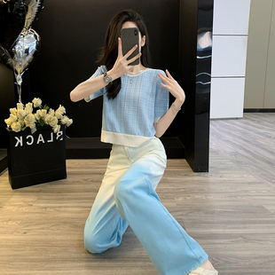 渐变直筒牛仔裤 休闲套装 女夏短袖 针织衫 减龄穿搭一整套 两件套时尚