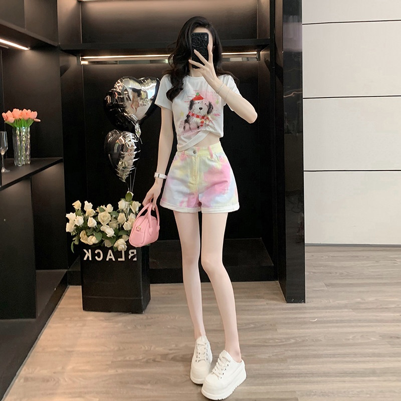 巨好看小个子休闲套装女夏薄款高级感卡通短袖牛仔短裤穿搭一整套图片