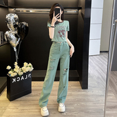 T恤破洞牛仔裤 洋气复古短袖 韩系炸街一整套 女夏时尚 休闲运动套装