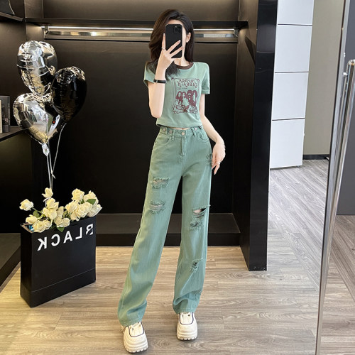 休闲运动套装女夏时尚洋气复古短袖T恤破洞牛仔裤韩系炸街一整套