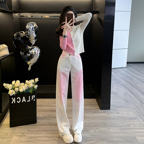 时尚套装女春秋季拼色针织开衫白色牛仔裤两件套减龄穿搭一整套