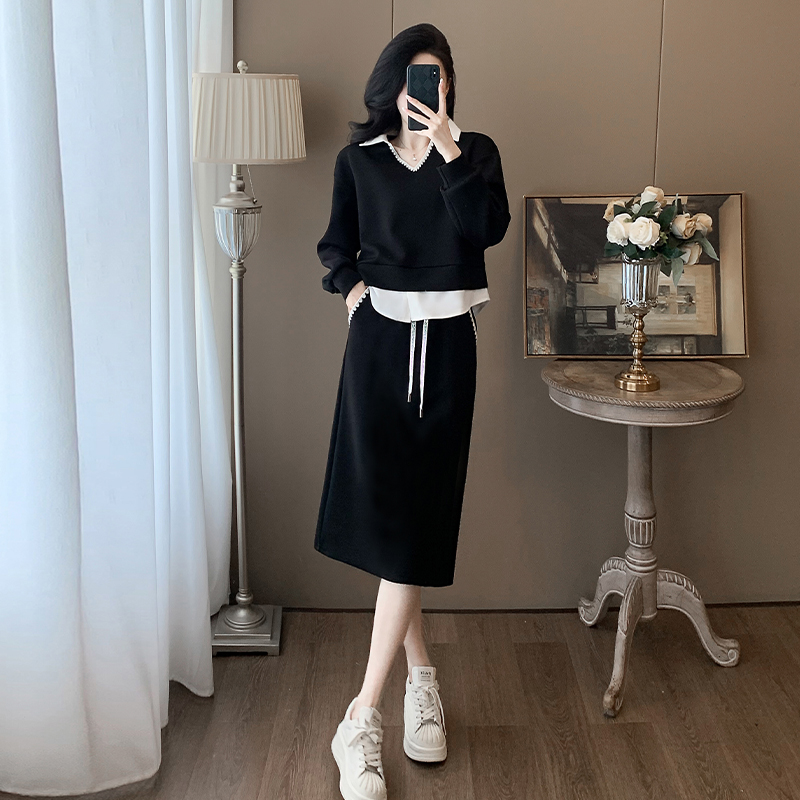高级感休闲套装裙女春秋季时尚减龄假两件拼接上衣半身裙两件套