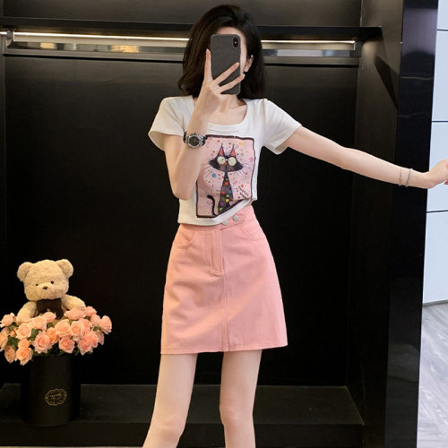 夏日减龄穿搭套装女夏小个子猫咪短袖粉色牛仔短裙巨好看的两件套