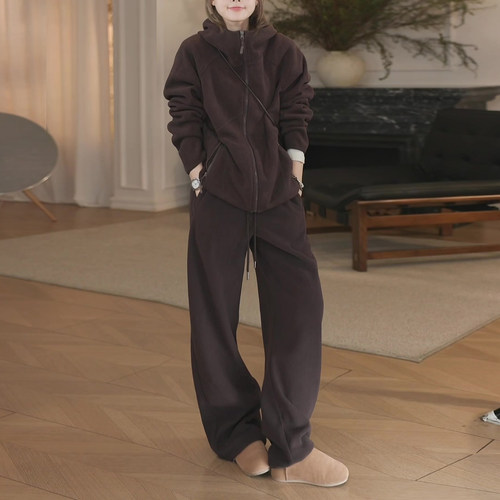 慵懒风运动休闲套装女秋冬拉链连帽卫衣阔腿裤宽松型设计感两件套