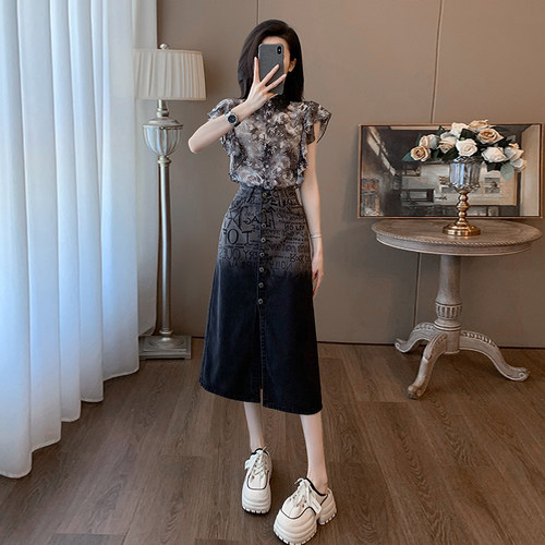 高级感休闲套装女夏荷叶袖衬衫牛仔半身裙子两件套减龄一整套穿搭
