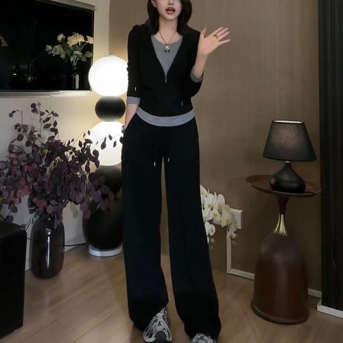 休闲运动套装女春秋设计感穿搭一整套假两件连帽长袖阔腿裤两件套