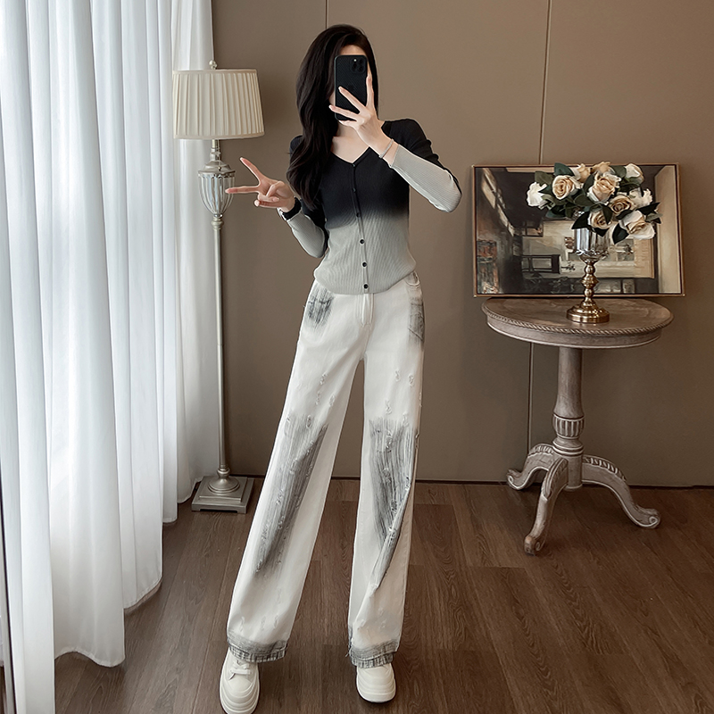 高级感休闲套装女秋季渐变针织衫牛仔裤两件套时尚减龄穿搭一整套