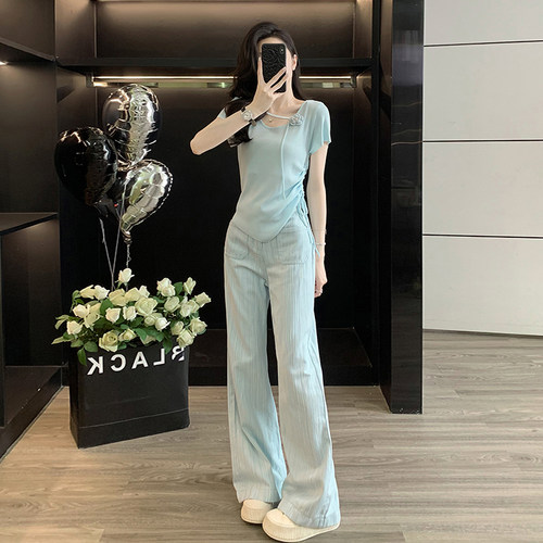 休闲时尚套装女夏短袖针织衫阔腿牛仔裤两件套气质一整套ootd穿搭