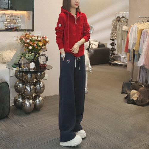 撞色休闲风运动套装女春秋拉链连帽卫衣阔腿卫裤高级感穿搭两件套