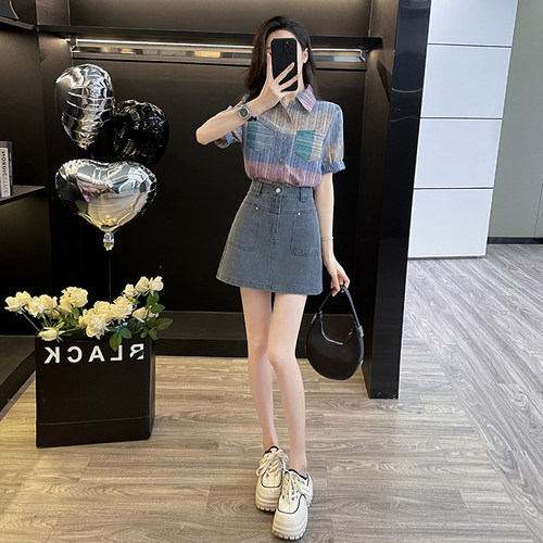 复古休闲套装女夏韩系短袖衬衫牛仔短裙两件套夏季减龄一整套穿搭
