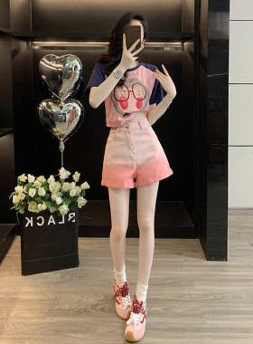 小个子休闲套装女夏俏皮可爱短款T恤渐变牛仔短裤减龄穿搭一整套
