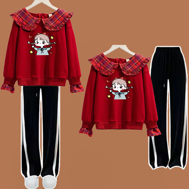 中大童娃娃领红色卫衣套装2024春秋款时尚洋气两件套学生宽松上衣