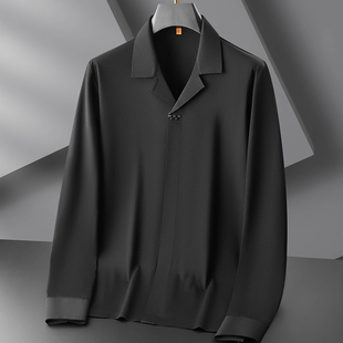 春秋大码长袖棉衬衫男加肥加大号宽松胖子翻领套头意式古巴领衬衣