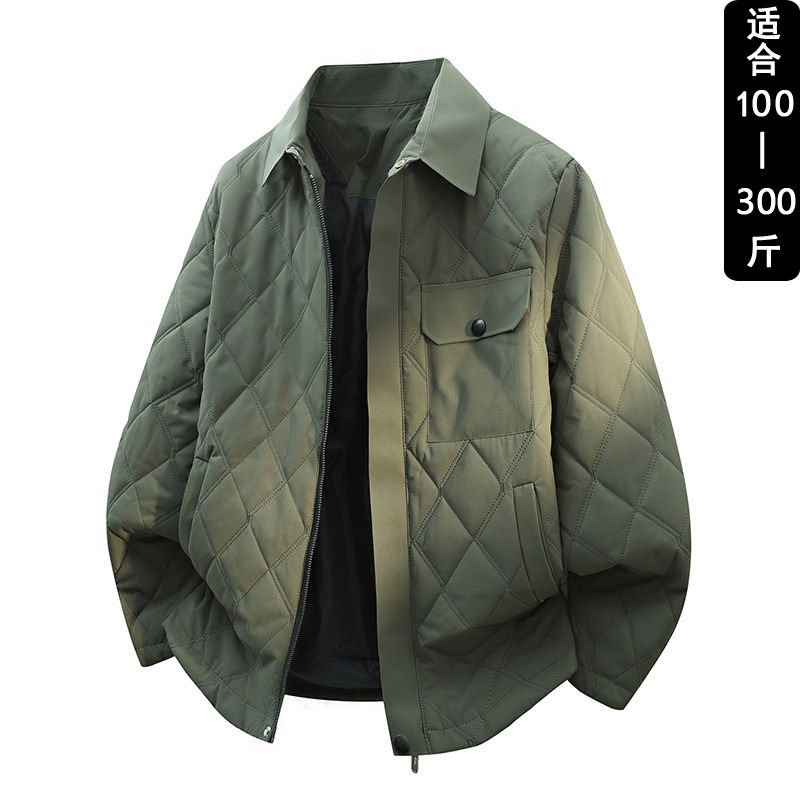 秋冬大码商务翻领棉衣男衬衫领加肥加大菱形格夹棉外套二棉薄棉服