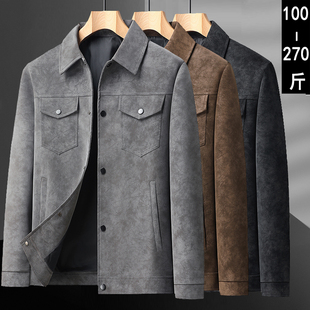 大码皮夹克加绒男士秋季商务翻领加肥加大麂皮绒PU皮衣短款外套潮