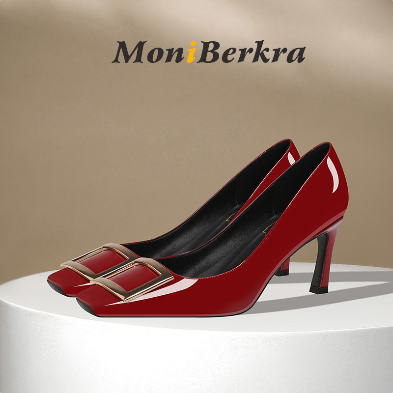 RV金典方扣高跟鞋女细跟2026年时尚新款漆皮方头性感气质红色婚鞋