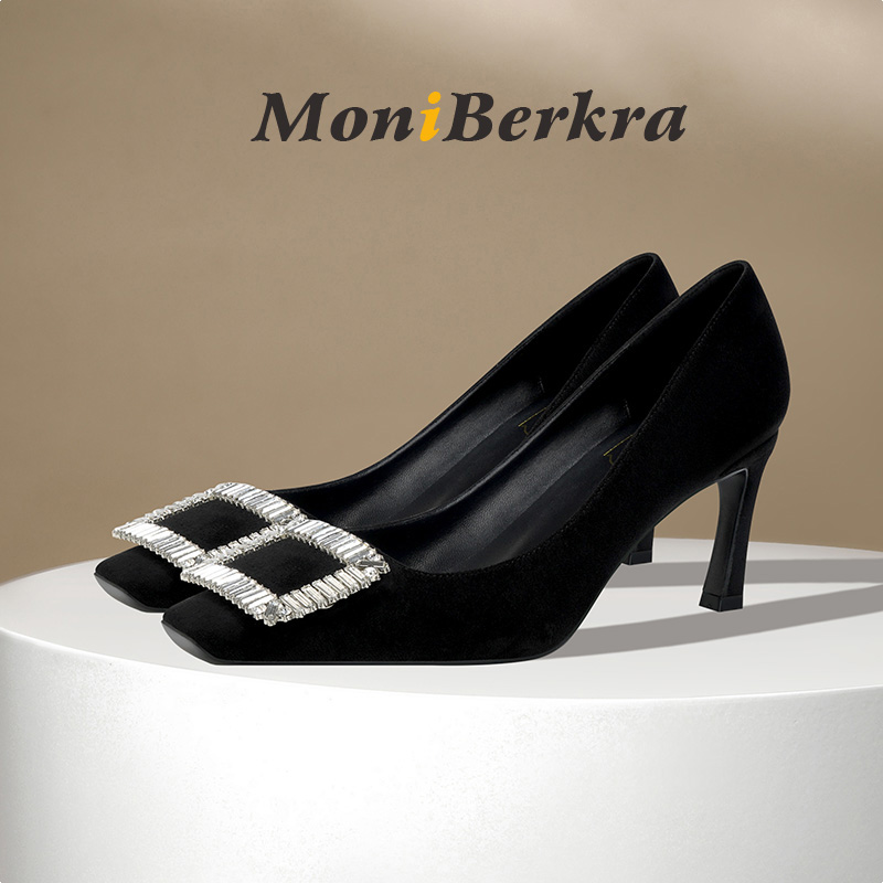 新款法式黑色绒面RV方扣水钻高跟鞋女细跟浅口鞋气质通勤方头单鞋