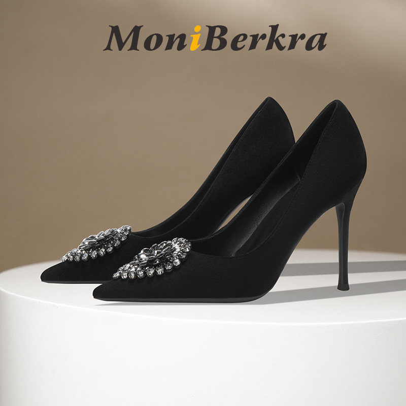 黑色高跟鞋女细跟2026春夏新款水钻扣时尚性感浅口绒面不累脚单鞋