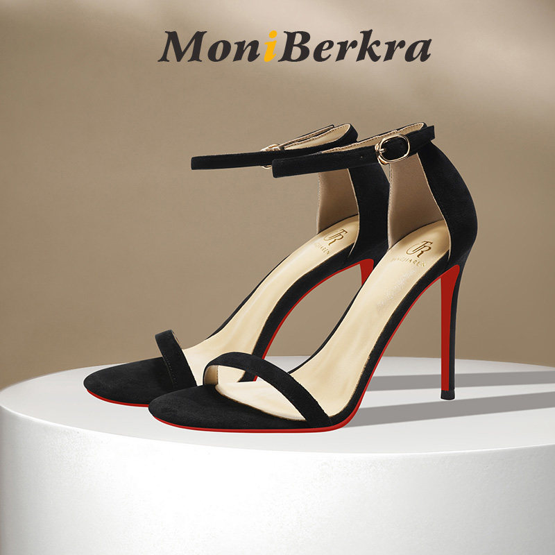 黑色绒面一字带凉鞋女细跟高跟鞋红底性感露趾中空显瘦气质名媛风