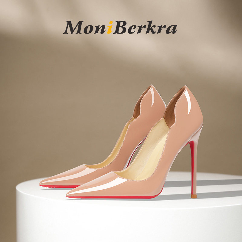 裸色高跟鞋女细跟2025春夏新款时尚性感漆皮浅口12cm尖头红底单鞋