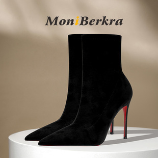 2025秋冬新款短靴女细跟性感黑色绒面弹力瘦瘦靴网红高跟红底短靴