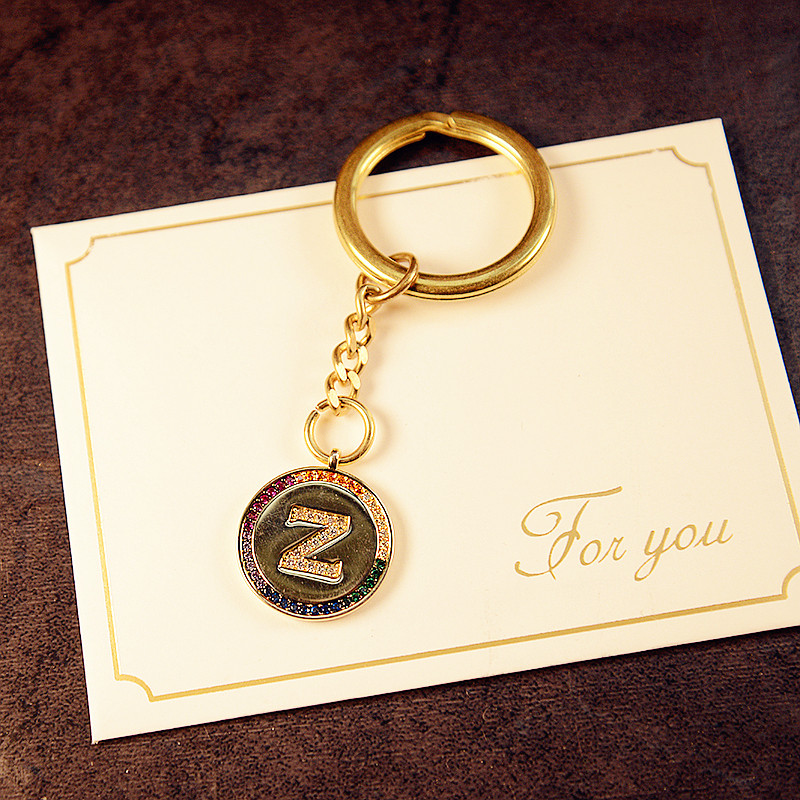 彩虹晶钻锆石镀k金名字首字母车钥匙链挂饰吊坠创意礼物情侣闺蜜
