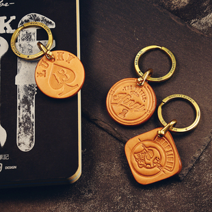 限量美式复古机车风日本枥木植鞣手工钥匙皮牌黄铜头层真皮钥匙扣