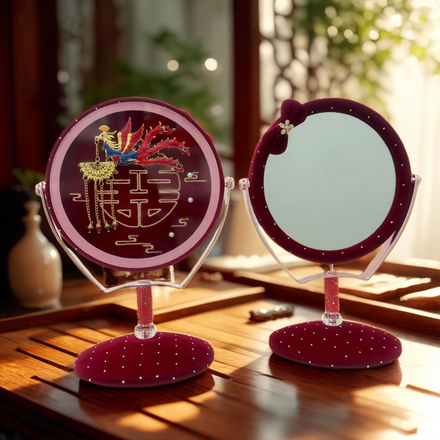 2026新款结婚庆用品 时尚酒红喜字镜子凤凰钻石新人陪嫁一对 包邮