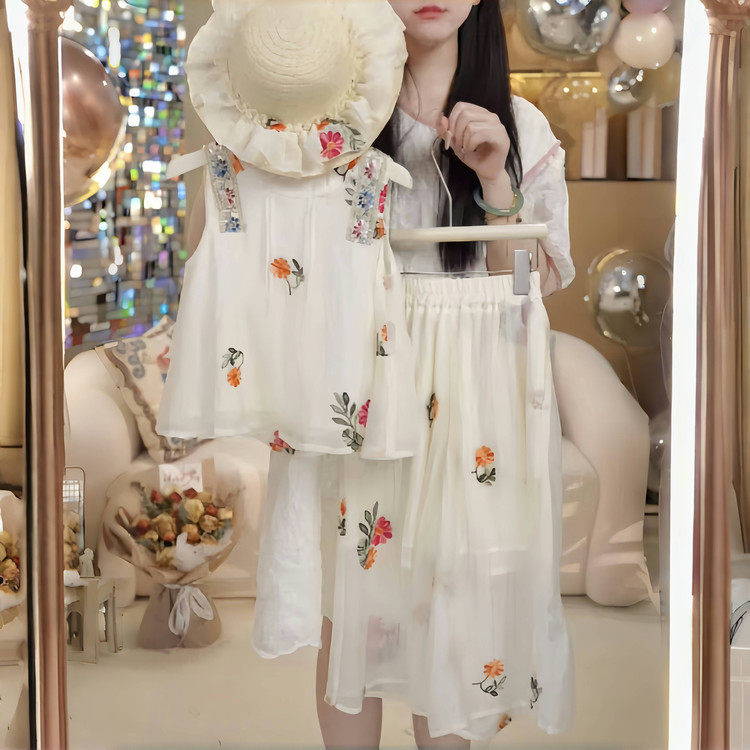 格桑花草帽两件套装送帽子儿童女童套装裙子
