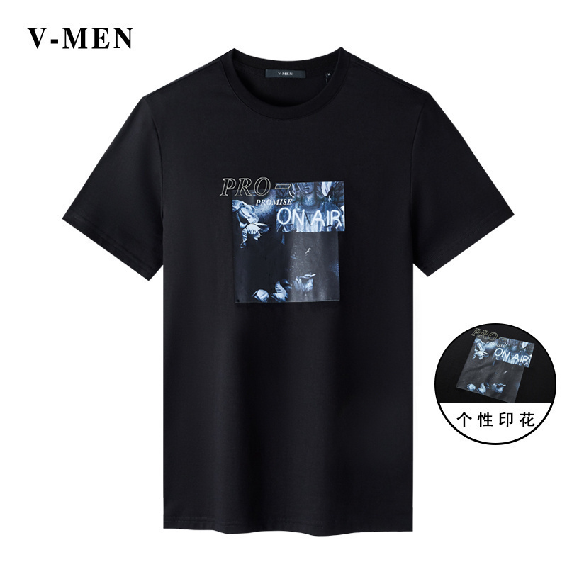vmen威曼潮流印花黑色韩版t恤