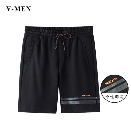 VMEN威曼夏季黑色短裤男士时尚百搭五分裤潮流印花中裤子V021D053