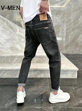VMEN威曼新款修身黑灰色牛仔九分裤男潮流青年休闲牛仔裤V023N338