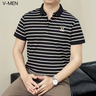 VMEN威曼夏季新款男士短袖POLO衫条纹百搭翻领个性刺绣青年上衣