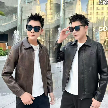 【加绒】VMEN冬季新款男士皮衣PU时尚百搭翻领夹克外套棉服男潮