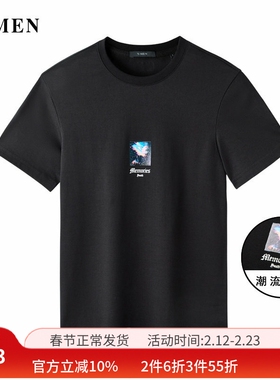 VMEN威曼潮流印花黑色T恤短袖男青年T恤衫新款韩版上衣V021T302