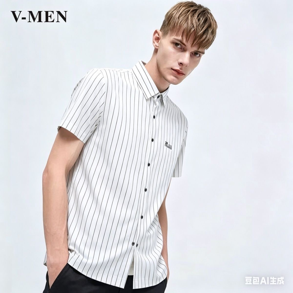 VMEN威曼男士短袖竖条纹衬衫