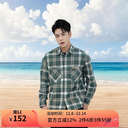 VMEN秋季新款复古格子工装男士宽松长袖衬衫外套日系文艺港风潮服