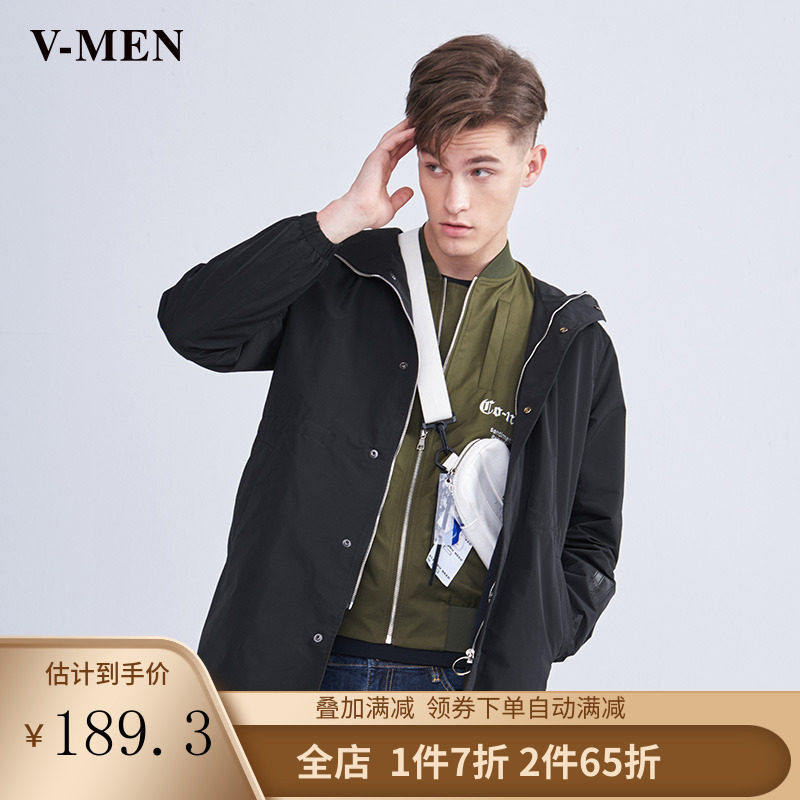 VMEN威曼2018春新款中长款风衣连帽男韩版潮流印花外套811514511